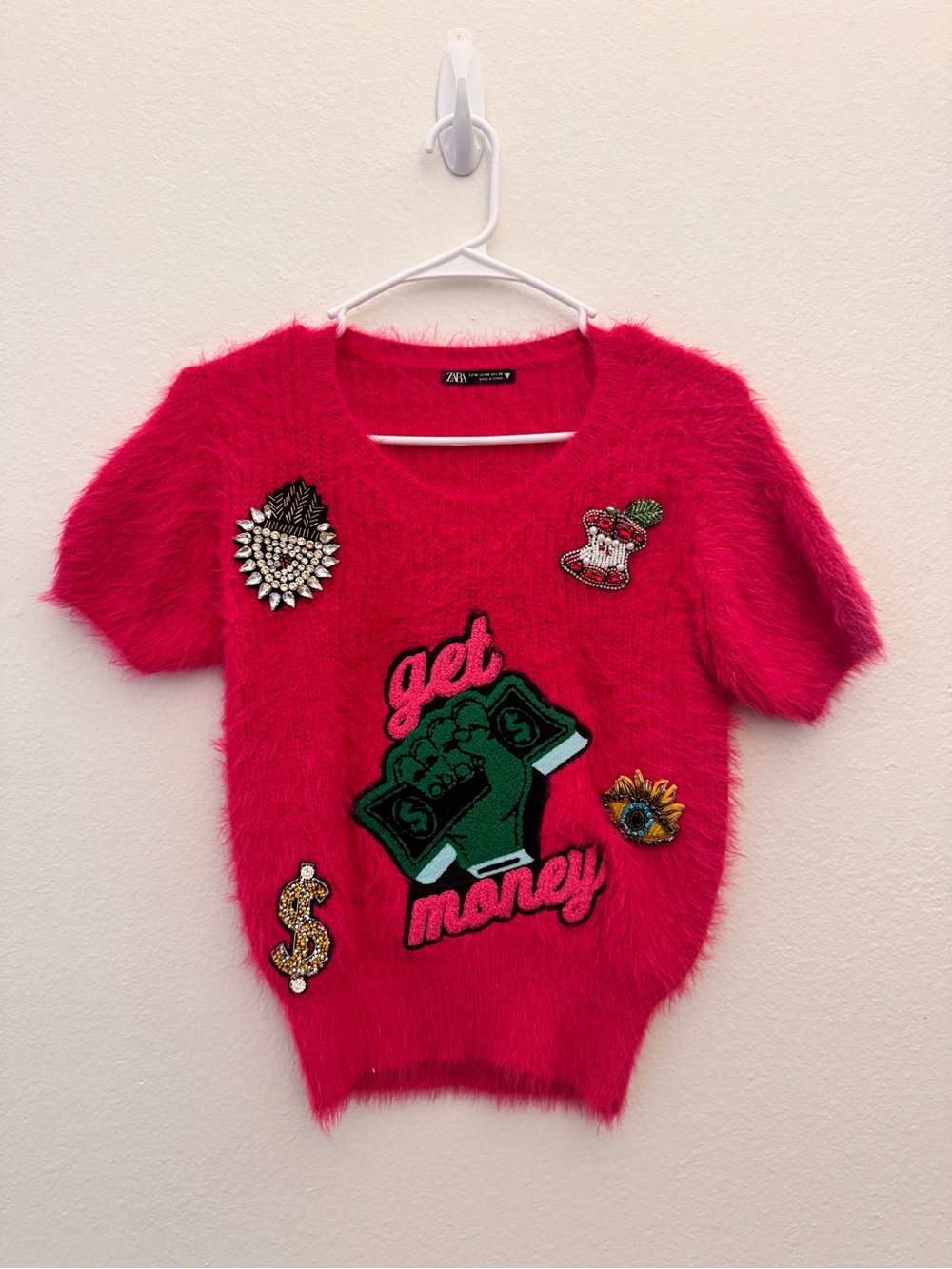 NWOT ZARA Hot Pink Fuzzy 'Get Money' Embellished Sweater